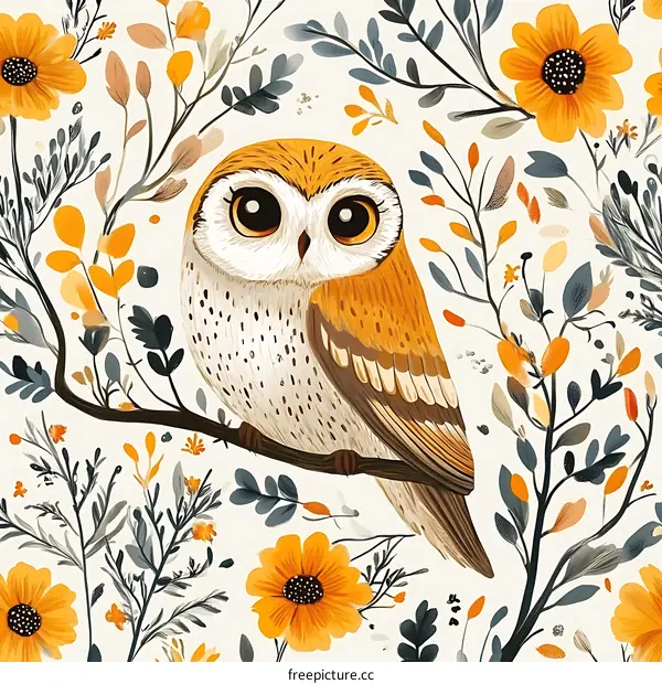 Cute Owl Illustration with Floral Background