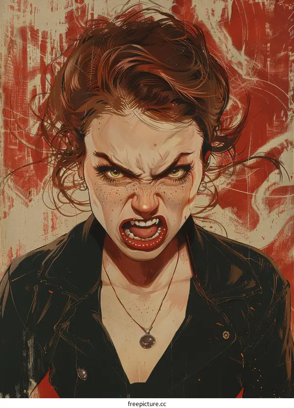 portrait of a redhead woman with an angry expression on her face