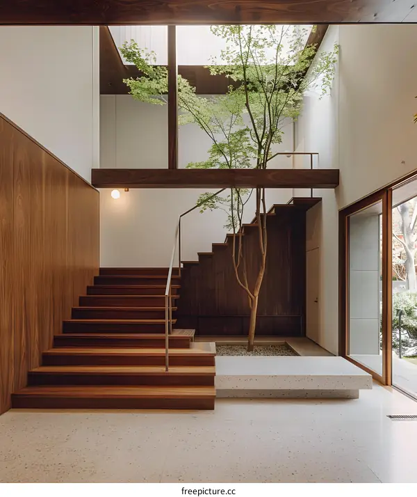 Modern Staircase with Tree and Skylight in Minimalist Home