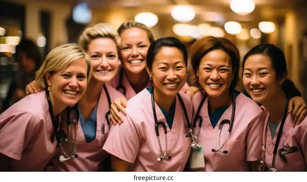 A group of female doctors and nurses in pink scrubs