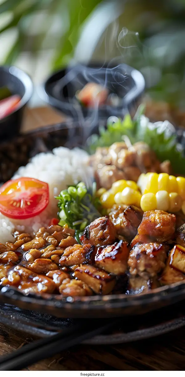 A delicious and healthy meal of chicken, rice, and vegetables