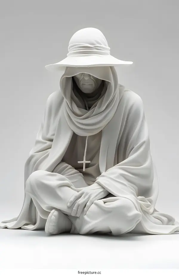 3D rendering of a sculpture of a person wearing a hat and a scarf with a cross on it