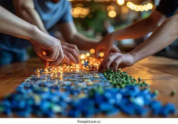 Friends working together to complete a jigsaw puzzle