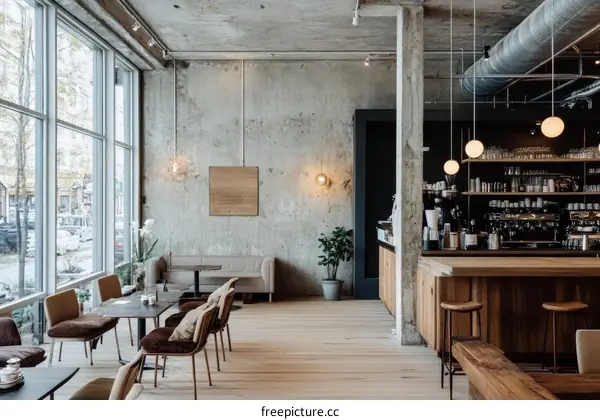 Modern Cafe Interior Design with Large Windows