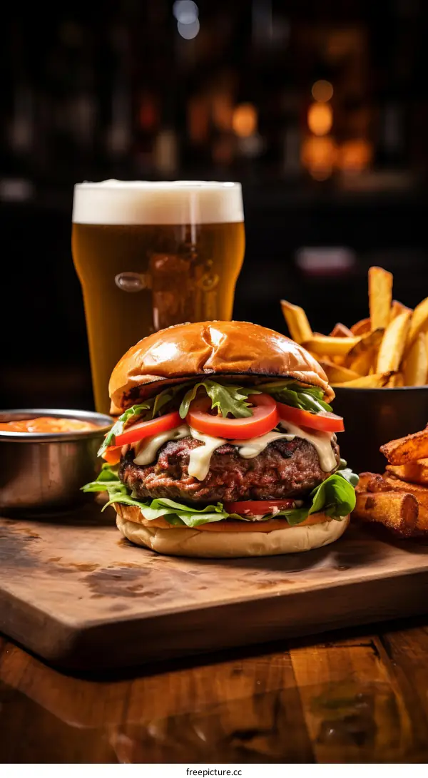 A delicious burger with fries and a beer