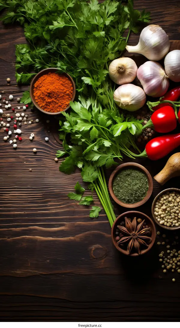 Assortment of Spices and Herbs on Wooden Table