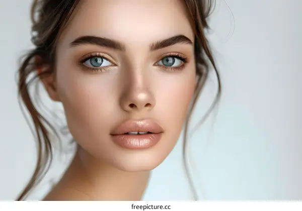 Close up portrait of a beautiful young woman with brown hair and blue eyes