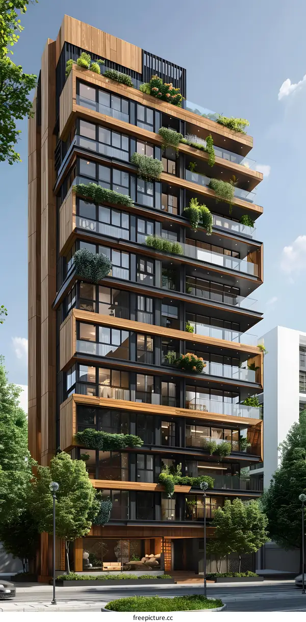 A modern apartment building with a green facade