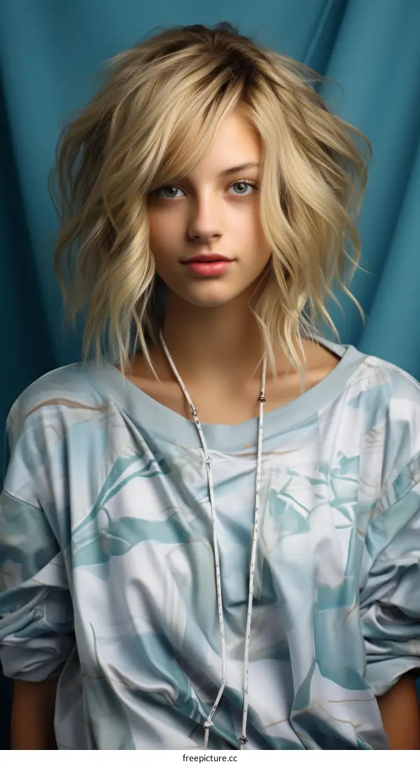 Portrait of a young blonde woman with blue eyes