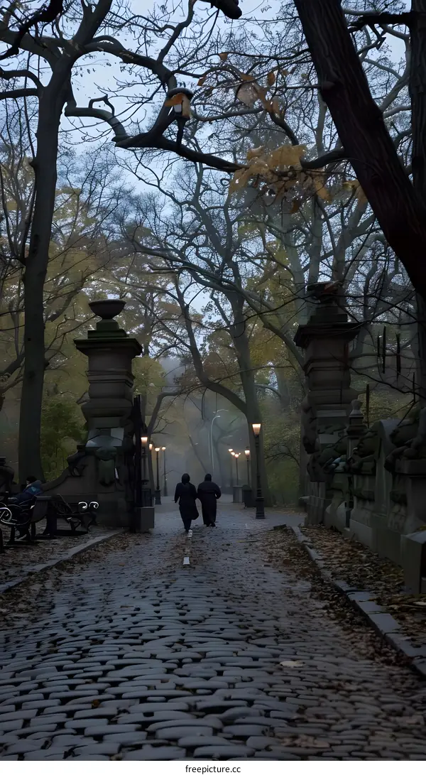 Couple Walking on a Cobblestone Path in a Park During Autumn