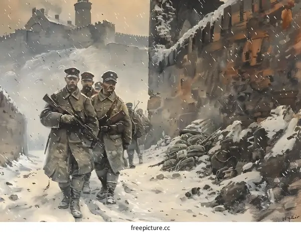 World War I soldiers walking through a snowy ruined city