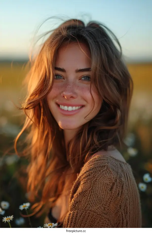 Smiling Woman in a Field of Flowers