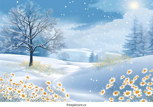 Winter Landscape with Snowy Trees and Daisies