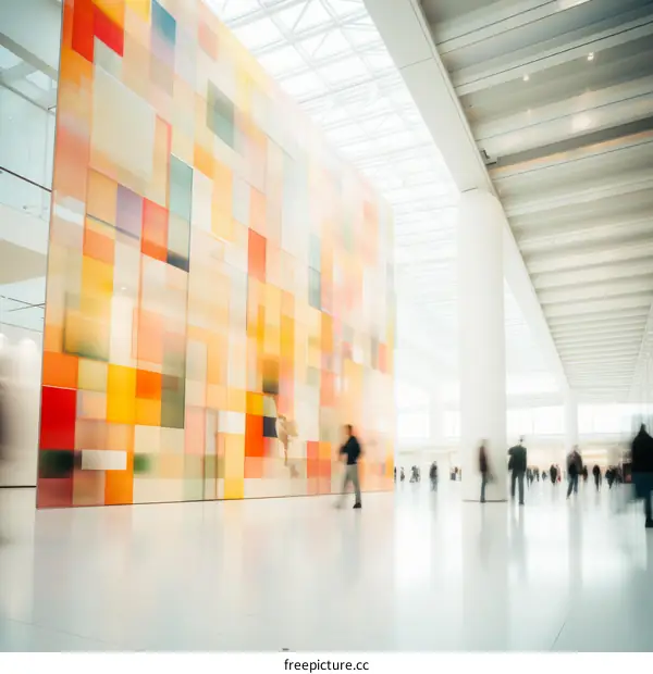 Blurred motion of people walking in a modern airport terminal