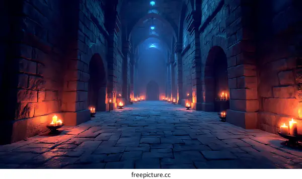 Mysterious Ancient Stone Corridor Illuminated by Candles