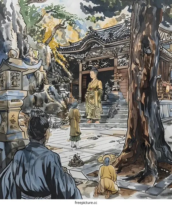 Watercolor Painting of Buddhist Temple with People Praying