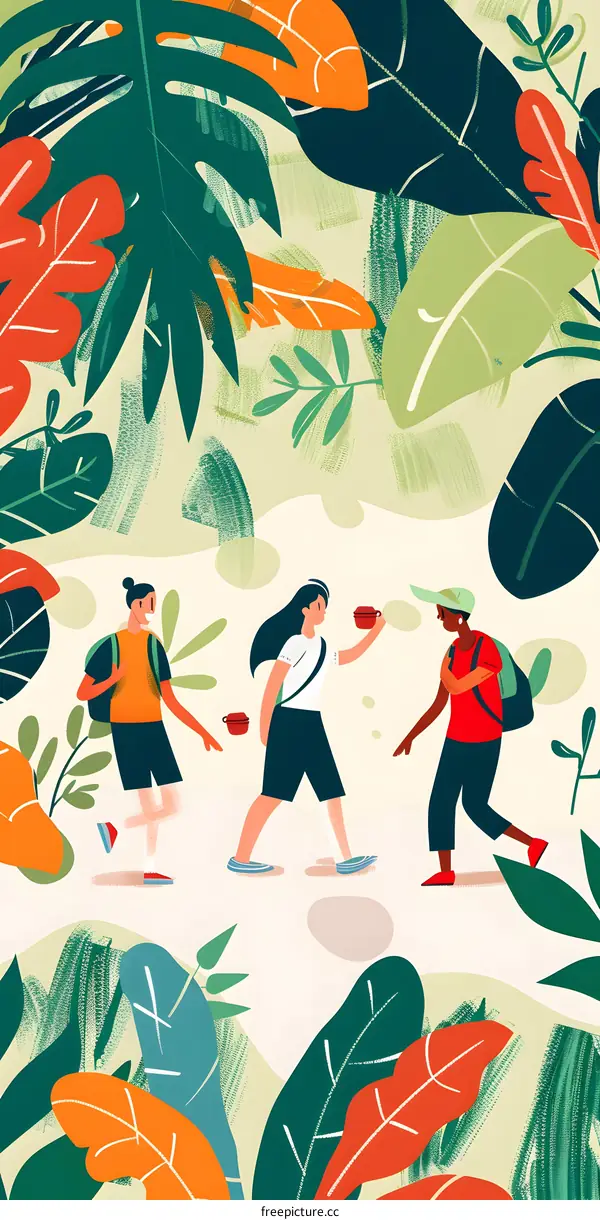 Three People Walking In Tropical Forest