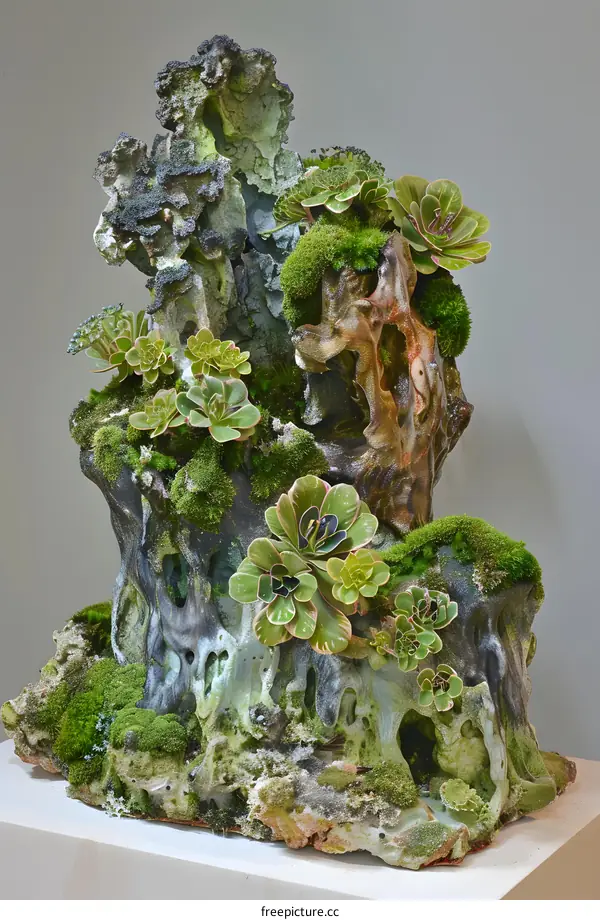 Green Succulents and Moss on Rock Formation