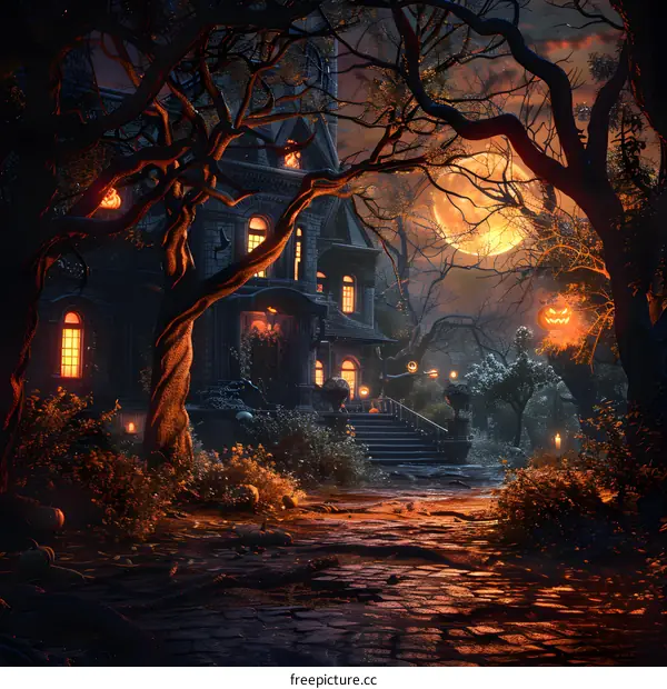 A haunted house with a full moon in the background