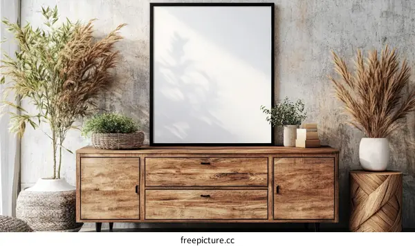 Bohemian Style Living Room Mockup with Wooden Furniture