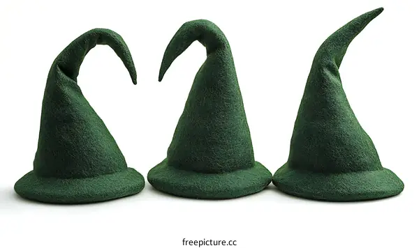 Three Dark Green Witch Hats Against White Background