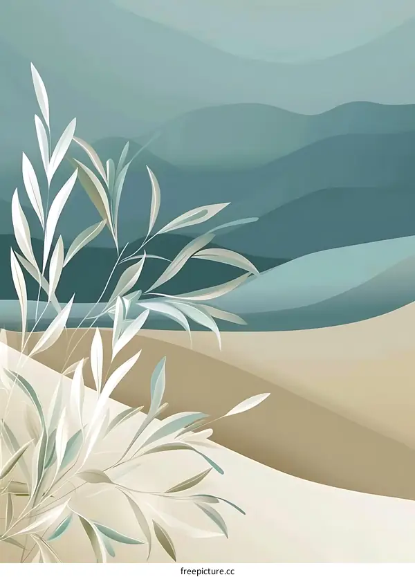 Abstract Art Illustration with Minimalist Leaves and Wavy Lines