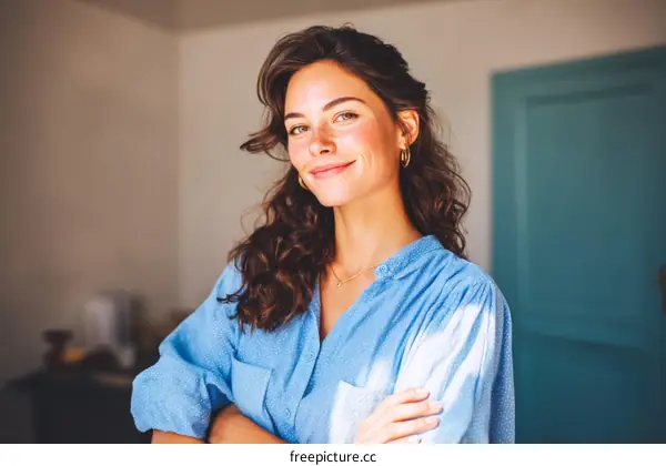 Confident Woman Portrait in a Light Blue Shirt