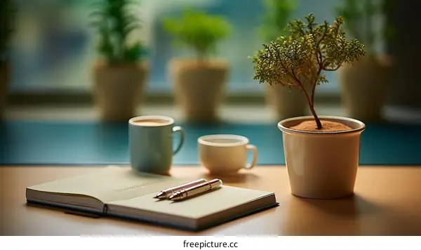 Minimalist Workspace with Bonsai Tree and Coffee