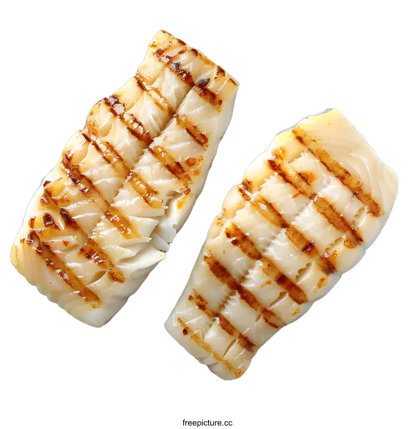 [Transparent Background PNG]Two Grilled Cod Fillets on White Background