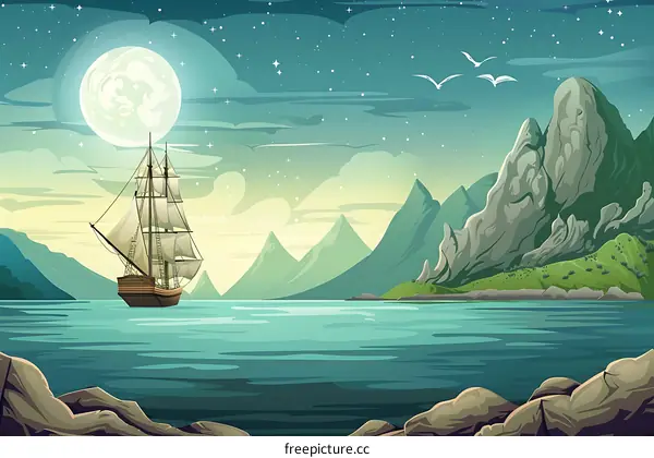 Sailing Ship under the Moonlight