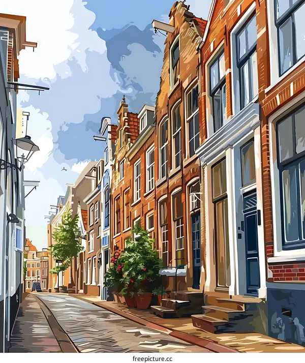 Colorful Illustration of a European Street with Brick Buildings