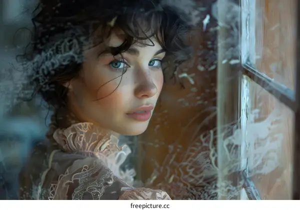 portrait of a young woman with freckles and blue eyes