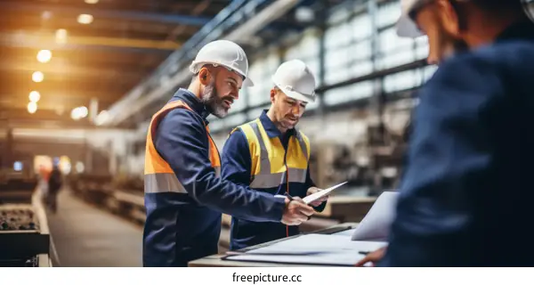 Two engineers in hard hats looking at blueprints in a factory