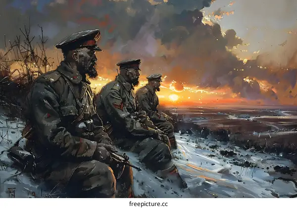 Three soldiers on a snowy hilltop at sunset