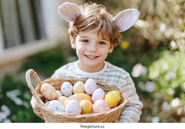 Smiling Child Holding Easter Eggs in a Basket
