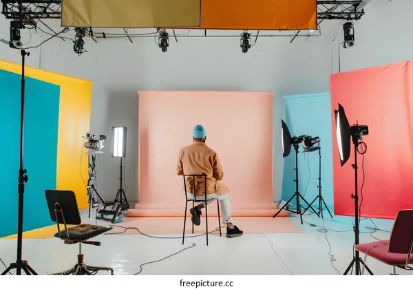 Man Sitting on a Chair in a Studio with Colored Backdrops