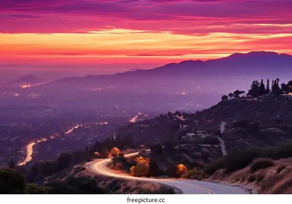 Cityscape at Twilight with Vibrant Purple Sunset and City Lights