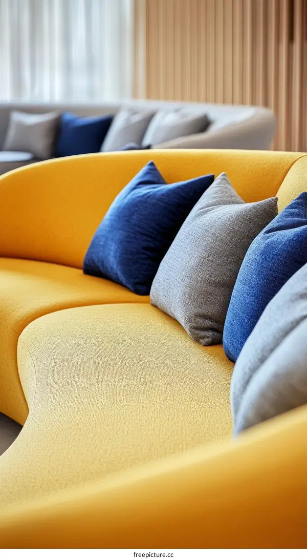 Modern Yellow Sofa with Pillows in a Lounge Area