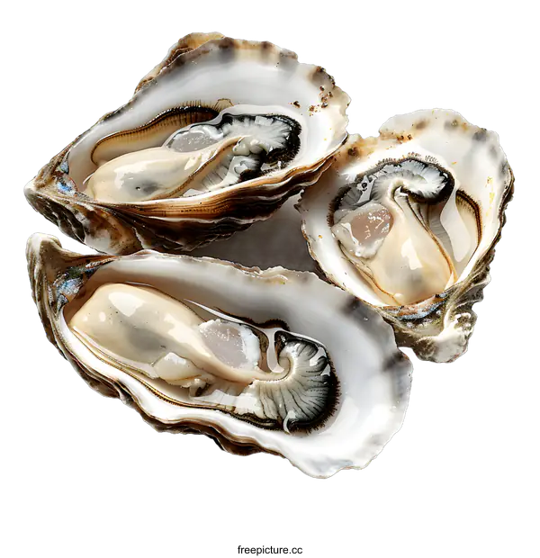 [Transparent Background PNG]Three opened fresh oysters on a white background