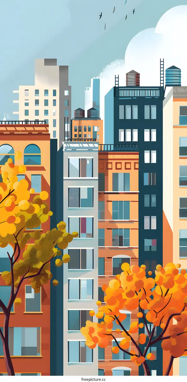 Fall Colors in Cityscape with Trees and Buildings