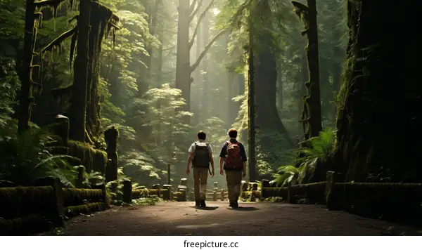 Friends Hiking in a Lush Forest on a Sunny Day