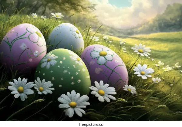 Easter Eggs in a Spring Meadow Illustration