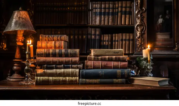 leather-bound books on a wooden table with a candle and a lamp in the background