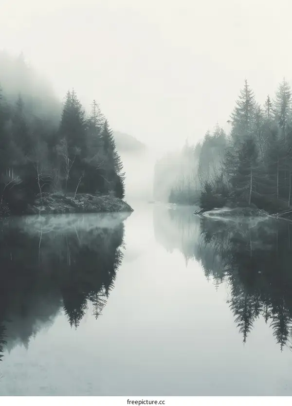 Serene Foggy Lake at Dawn