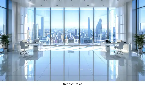 3D rendering of a modern office interior with large windows and a view of the city