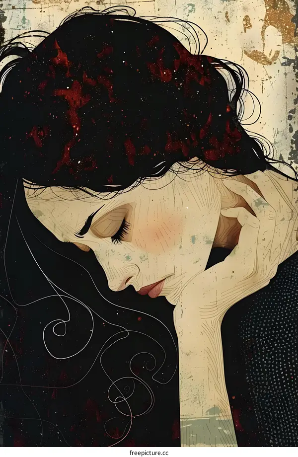 An illustration of a woman with long black hair and red flowers in her hair. She is wearing a black dress with white polka dots. She has her hand on her head and is looking down with a sad expression on her face.