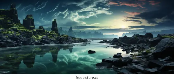 Dramatic Rocky Coastline with Vibrant Moss and Colorful Sky