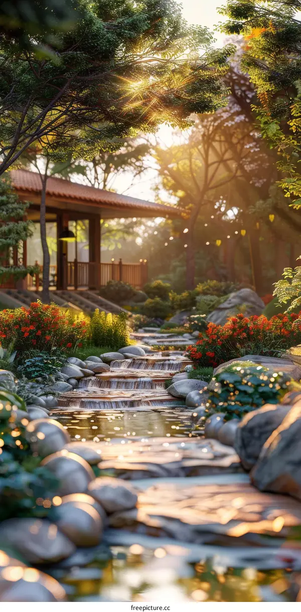 Tranquil Oriental Courtyard with Trees, Flowers and a Stream