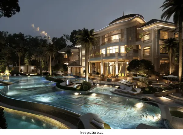 Luxury Villa at night in Front of Palm Jumeirah, Dubai