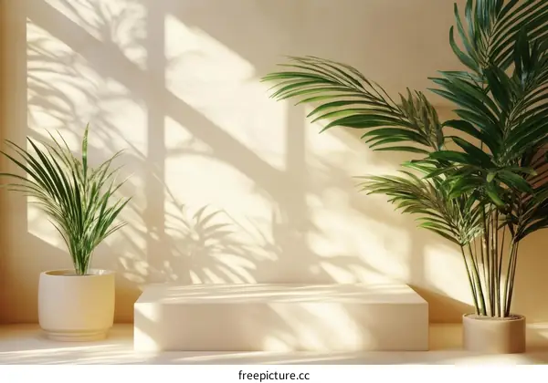 Modern Minimalist Display with Sunlight and Plants